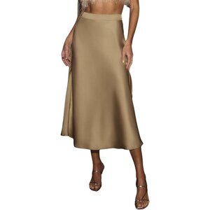 Women's Brown Satin Flowy A Line Cocktail High Waist Long Midi Outfits Skirts